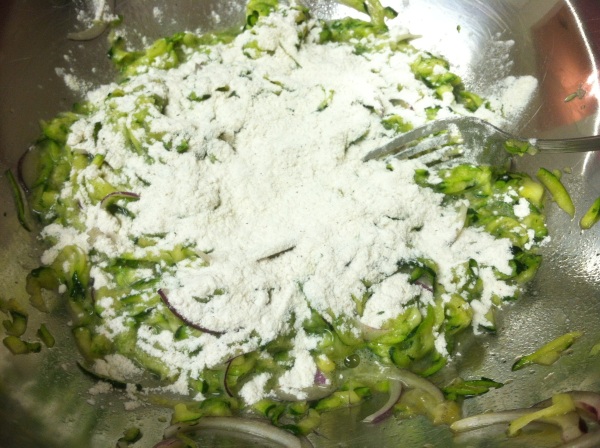 Add flour mixture to the grated zucchini mixture.